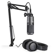 Kit Microfone Stream Podcast Audio Technica At2020 USB Fone ATH-M20X e Suporte articulado