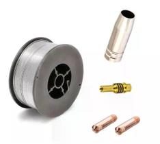 Kit Mig 15ak - 1 Arame Solda Mig S/ Gás 0,8mm V8 + 2 Bicos De Contato 0,8mm + 1 Bocal 12mm + 1 Porta Bico Difusor