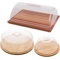 Kit Migalheira Queijeira Boleira para Mesa Posta de Café Bambu Acrílico Madeira com Tampa Kit Migalheira Queijeira Boleira para Mesa Posta de Café Bambu Acrílico Madeira com Tampa