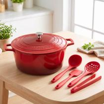 Kit Mimo Style Caçarola Panela Cerâmica Antiaderente 28cm Vermelha 6,9L Fundo Triplo e Jogo Completo de Utensílios de Silicone