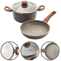 Kit Mimo Style Caçarola Panela e Frigideira Antiaderente 20cm Grafito Marmorizado para Fogão de Indução