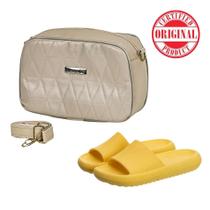 Kit Mini Bag Transversal Matelassê Feminina Bege + Chinelo Nuvem Slide Tendência Amarelo