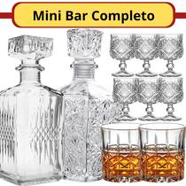 Kit Mini Bar Completo 2 Garrafa De Vidro Para Whisky 2 Copos 6 Mini Taça Para Licor Decoração Licoreira