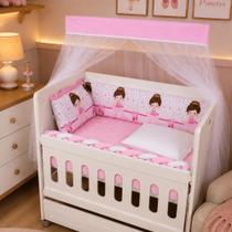 Kit Mini Berço Bailarina Rosa 10 Peças Bebê Menina Enxoval com Trança e Mosquiteiro Protetor Mini