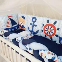 Kit Mini Berço com 12 peças + Saia de Berço Bebê Menino Marinheiro