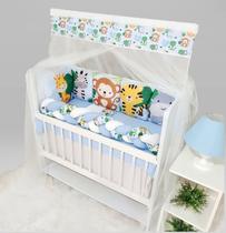 Kit Mini Berço com 12 peças Saia de Berço Bebê Menino Safari Azul