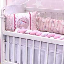 Kit Mini Berço Trança Unicornio Rosa 6 peças Algodão