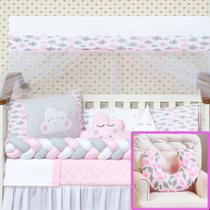 Kit Mini Berço Trançado Nuvem Rosa Chuva de Amor + Almofada Amamentação 12 peças
