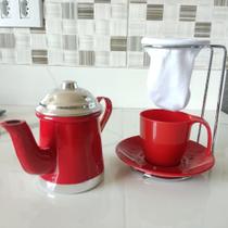 Kit Mini Bule com Suporte para Coador, Xícara e Pires Elegante e Prático Coffee Break