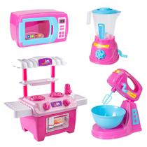 Kit Mini Chef Cozinha Infantil 4 Peças C/ Acessórios Fogão Liquidificador Brincadeira Confeiteira Brinquedo Divertido