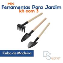 Kit Mini Conjunto De Ferramentas De Jardim com 03 peças Com Cabo De Madeira Pá Rastelo Ancinho Para Jardinagem e Hortas