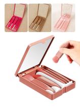 Kit Mini Espelho Maquiagem Portátil 5 Pincéis Lupa Sombra