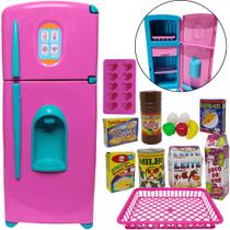 Kit Mini Geladeira Duplex + Comidinhas 14pcs Rosa Cozinha de Brinquedo Brinquedo Infantil