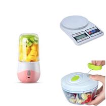 Kit Mini Liquidificador Shake Portátil + Balança Digital de Alimentos + Mini Triturador Manual