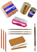Kit Mini Lixa Parda + Palito laranjeira + Palito Indiano + Lixa Parda + Espatula Mista + Palito Paraju + Escova Rosa