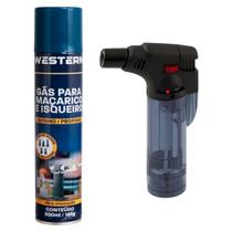 Kit Mini Maçarico Cinza Portátil a Gás Recarregável BJ8631 BJPOP e Refil Gás Western 300ml