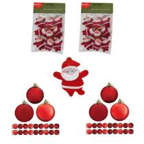 Kit Mini Papai Noel Pendente Árvore Natal Bolas Glitter Fosca Lisa Vermelhas 48 Peças