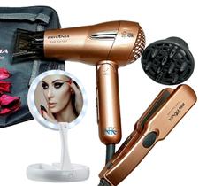 Kit Mini Secador De Cabelo Britania 1200w Difusor Chapinha Titanium Pequeno Viagem Dobrável Bivolt Com Bolsa e Espelho Led