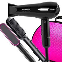 Kit Mini Secador De Cabelo Britania 1200w Ions Pequeno Viagem Dobravel Travil Escova Alisadora Secadora 2 Em 1 Bivolt Com Maleta