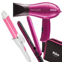 Kit Mini Secador De Cabelo Philco 1000w e Chapinha Pequeno Ps12 Com Bolsa Viagem Dobrável Rosa e Modelador Cachos Bivolt