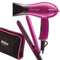 Kit Mini Secador De Cabelo Philco 1000w e Chapinha Pequeno Viagem Dobrável Ps12 Bivolt Com Bolsa Rosa