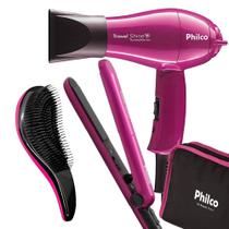 kit Mini Secador De Cabelo Philco 1000w Pequeno Dobrável Prancha Cerâmica Ps12 Bivolt Escova Pentear Maya