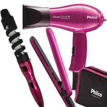 Kit Mini Secador De Cabelo Philco e Chapinha Bivolt Dobravel Pequeno Com Bolsa e Modelador De Cachos Duo