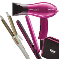 Kit Mini Secador De Cabelo Philco e Chapinha Dobravel Pequeno Com Bolsa e Modelador De Cachos 2x1 Bivolt