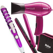 Kit Mini Secador De Cabelo Philco e Chapinha Pequeno Bivolt Com Bolsa Viagem Dobravel e Modelador Cachos Nova Rosa