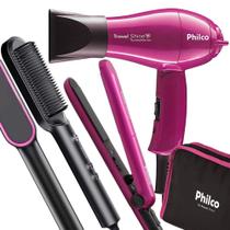 Kit Mini Secador De Cabelo Philco e Chapinha Pequeno Bivolt Com Bolsa Viagem Dobravel Escova Secadora Alisadora 2 Em 1 Hq