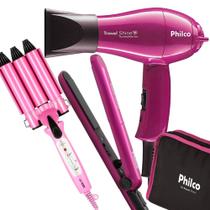 Kit Mini Secador De Cabelo Philco e Chapinha Pequeno Com Bolsa Viagem Dobrável Rosa e Modelador Cachos Bivolt