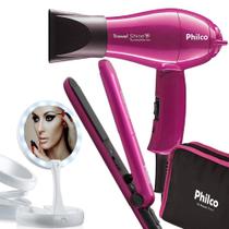 Kit Mini Secador De Cabelo Philco e Chapinha Pequeno Viagem Dobravel Bivolt Com Bolsa Espelho Led