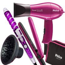 Kit Mini Secador De Cabelo Philco e Chapinha Pequeno Viagem Dobrável Difusor Cachos Modelador Espiral Bivolt