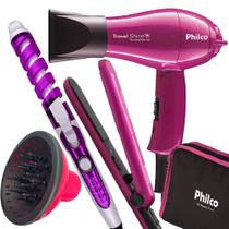 Kit Mini Secador De Cabelo Philco e Chapinha Pequeno Viagem Dobrável Difusor Cachos Modelador Espiral Bivolt