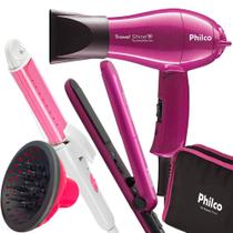 Kit Mini Secador De Cabelo Philco e Chapinha Pequeno Viagem Dobrável Difusor Cachos Modelador Prancha 2 Em 1 Bivolt