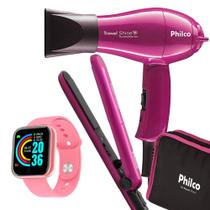 Kit Mini Secador De Cabelo Philco e Chapinha Pequeno Viagem Dobrável Ps12 Bivolt Com Bolsa Rosa e Relógio Smartwatch