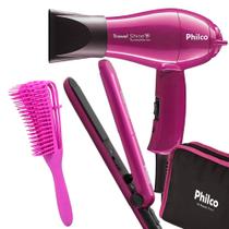 kit Mini Secador De Cabelo Philco Pequeno Dobrável Prancha Cerâmica Bivolt Escova Pentear Maya