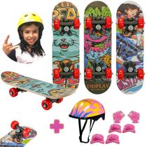 Kit Mini Skate Infantil Skat Menina + Capacete Feminino Rosa