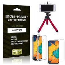 Kit Mini Tripé Flexível Galaxy A20 Tripé + Capinha Anti Impacto + Película de Vidro - Armyshield