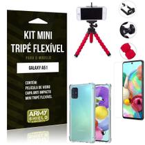 Kit Mini Tripé Flexível Galaxy A51 Tripé + Capinha Anti Impacto + Película de Vidro - Armyshield