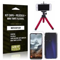 Kit Mini Tripé Flexível Moto G8 Play Tripé + Capinha Anti Impacto + Película de Vidro - Armyshield
