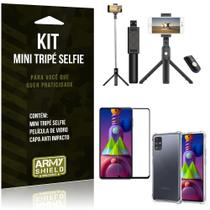 Kit Mini Tripé Selfie Bluetooth para Galaxy M51 6,67" + Capa + Película 3D
