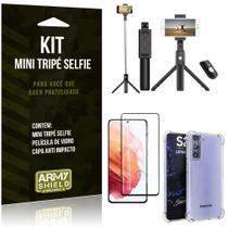 Kit Mini Tripé Selfie Bluetooth para Galaxy S21 Plus 6,7" + Capa Anti Impacto + Película 3D