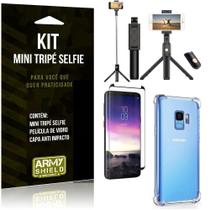 Kit Mini Tripé Selfie Galaxy S9+Capa Anti+Película Vidro