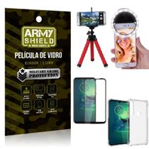 Kit Mini Tripé + Selfie Ring Light Moto G8 Play + Capa Anti Impacto + Película Vidro 3D - Armyshield