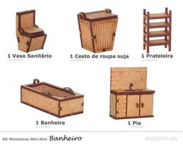 Kit Miniatura Banheiro 5 Peças Pia Vaso Banheira Cesto Mdf