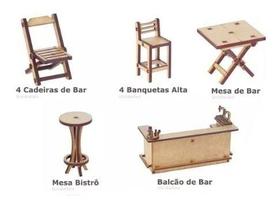 Kit Miniatura Bar Barzinho 11 Peças Mesa Balcão Bistrô Mdf