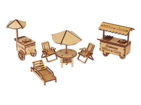 Kit Miniatura Praia 6 Peças Espreguiçadeira Carrinho Mdf