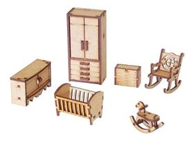 Kit Miniatura Quarto Bebê 6 Peças Berço Cadeira Balanço Mdf