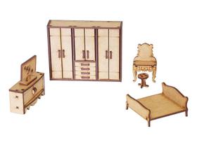 Kit Miniatura Quarto Casal c/ 6 Peças Cama Guarda Roupa Mdf
